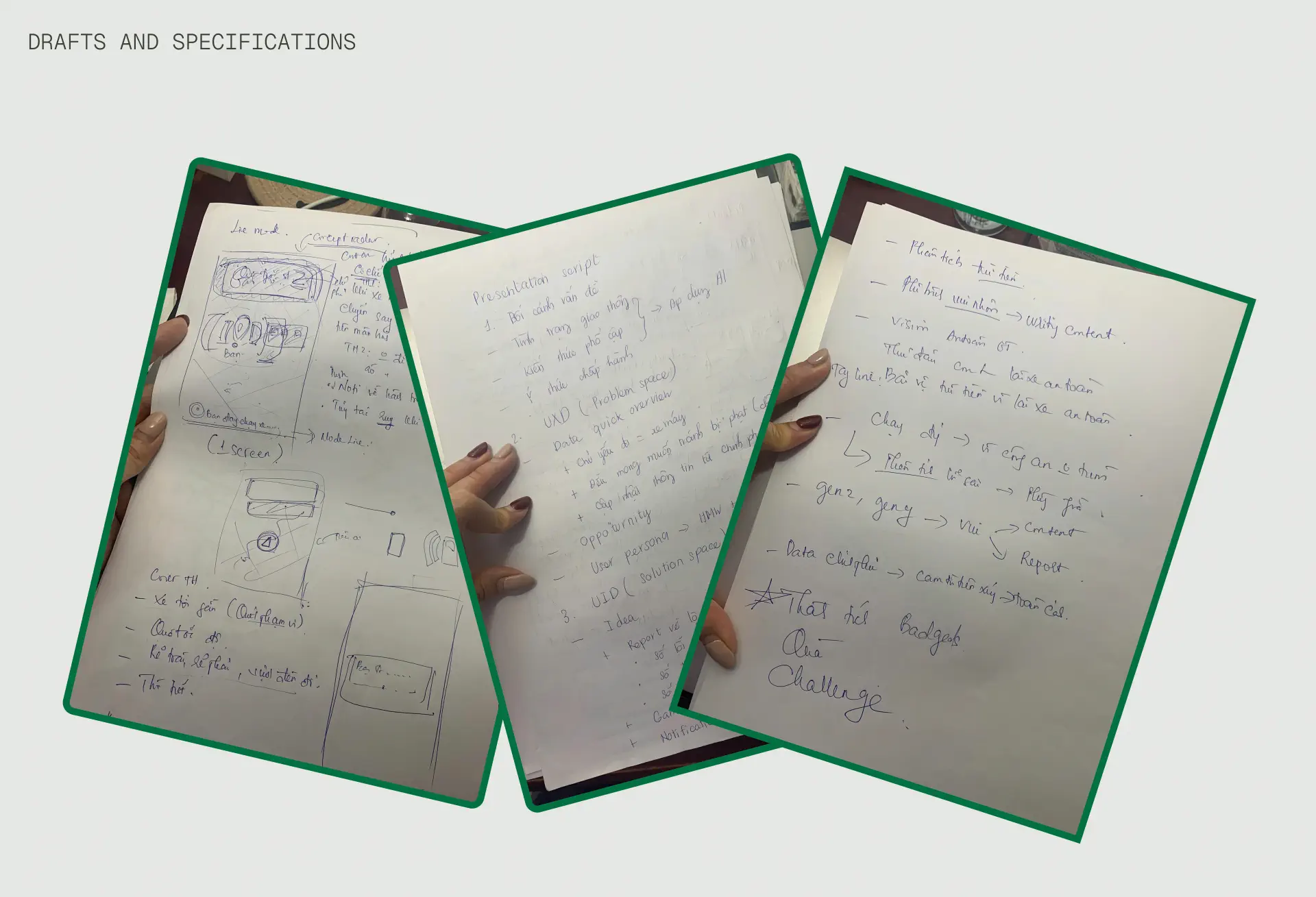 An image showing three papers detailing about product specifications