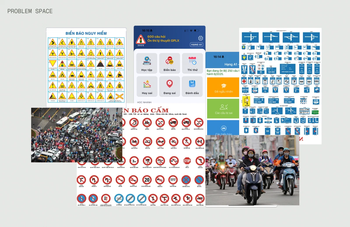 Elements of traffic and driver education in Vietnam, including official traffic sights, people riding motorbikes on a street and an aerial view of heavy traffic