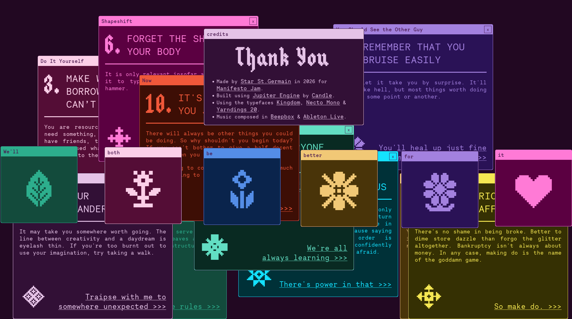 Screenshot of the website Instructions for Creating when you feel like Destroying made by “thisisstar” on itch.io. Various window screens opened with instructions how to drive your desire to create, even when you feel like frustrated by your endeavour.