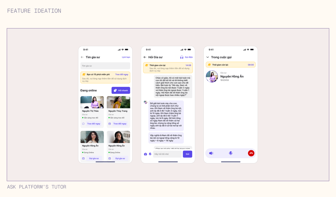 Tutor screen where user can find qualified tutor, chatting with them for Math&rsquo;s problem solution and call them if needed