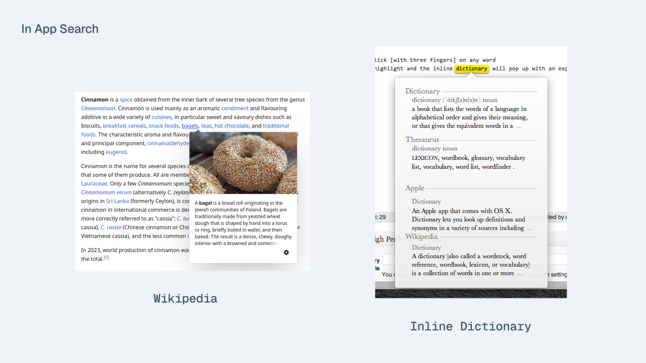 Wikipedia’s and dictionary inline quick preview for showing short, digestible information